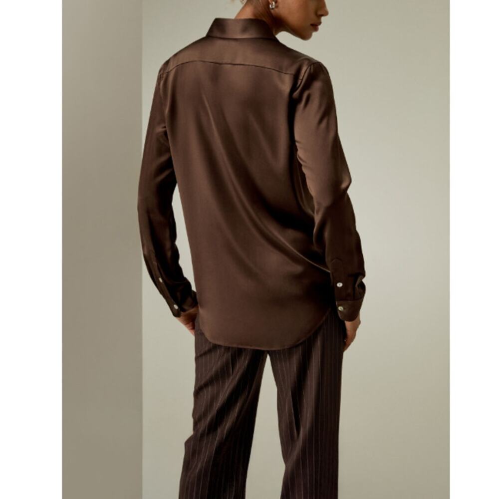 Lilysilk Spread Collar Silk Shirt Chocolate Size M - Picture 2 of 11
